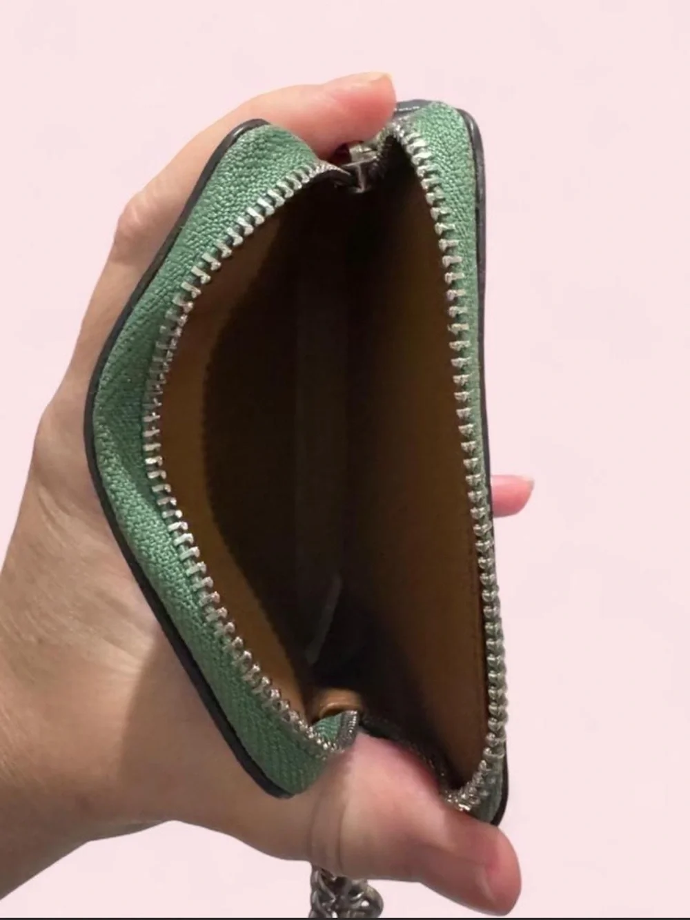 Coach Sage Green Leather Zip Card Case with Chain